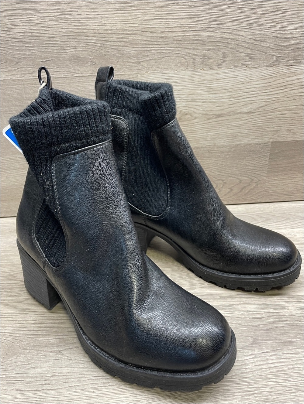 White Mountain Black Ribbed-Sock Block Heel Ankle Boots #1477